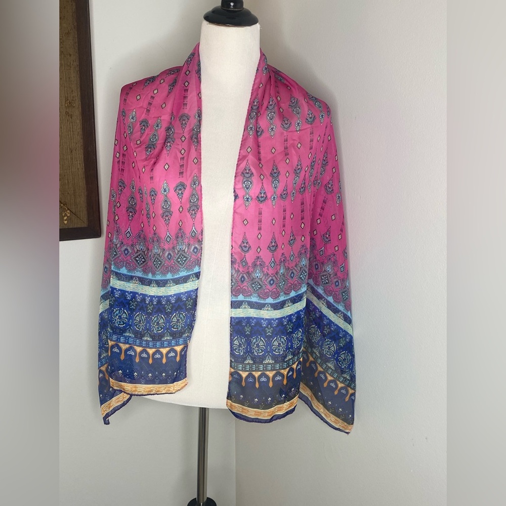 Lightweight Striking Chiffon Scarf Blue Pink Geometric Abstract Print Wrap